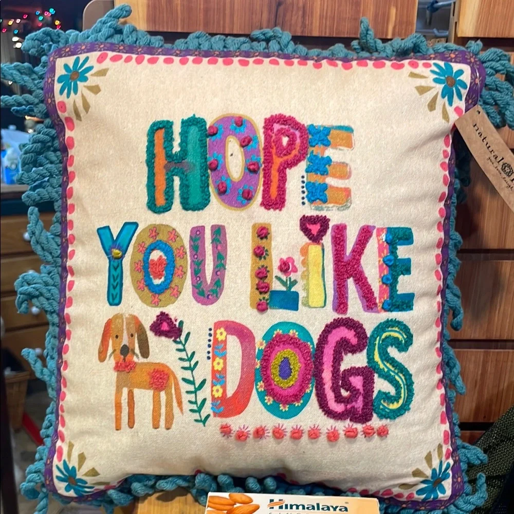 Natural Life Boho Tufted Pillow Hope You Like Dogs with Colorful Fringe - Picture 12 of 13